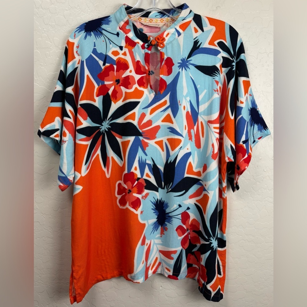 Soft Surroundings Floral Mandarin Collar Keyhole‎ Top Orange Blue XS 1225